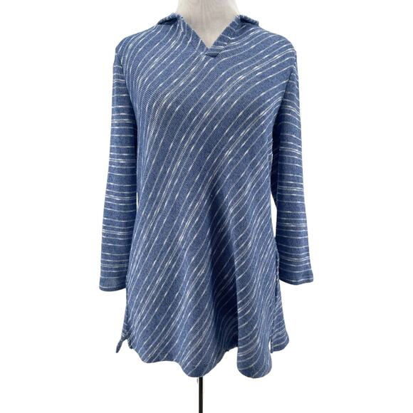 Chico's Women's Blue White Striped Hooded Knit Top Size 1 Medium - Picture 1 of 5